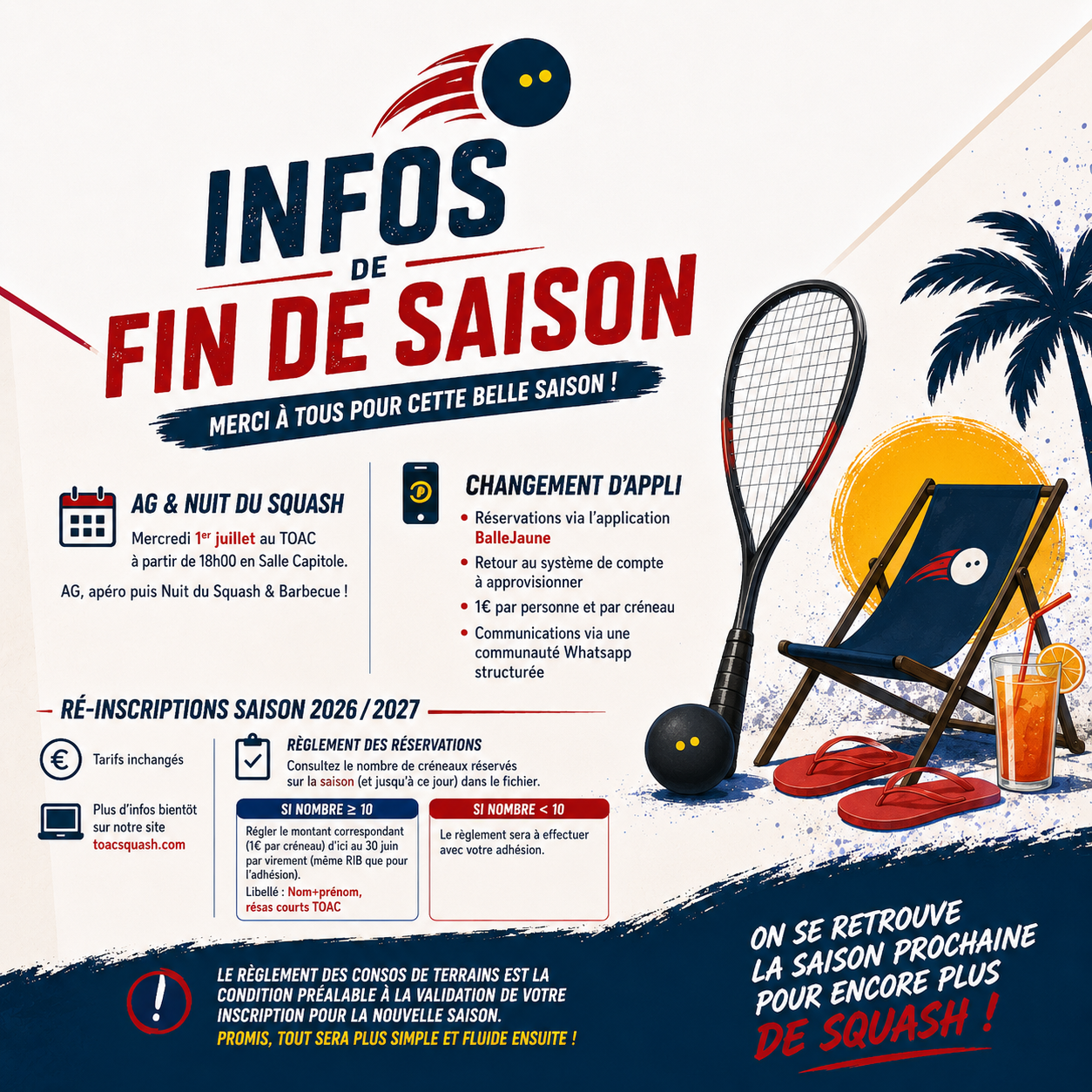 Informations de fin de saison 2025-2026 TOAC Squash Toulouse